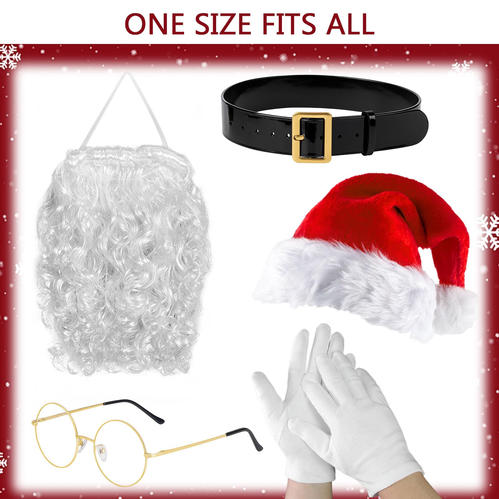 MUNSKT Santa Costume Set, Santa Hats Beard Wig Glove Glasses and Belt, One Size for Adults Halloween Christmas - Image 2