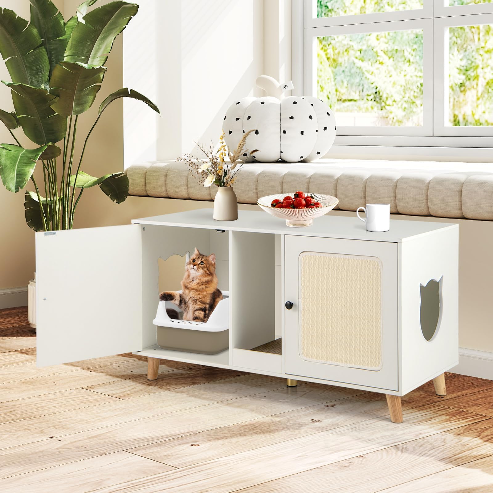FANTASK Armario de Arena para Gatos, Armario con 2 Puertas y Tabla para rascar y 2 Alfombrillas rascadoras de sisal y Entrada, casa para 2 Gatos, Mesa Auxiliar, 108 x 50 x 60 cm (Blanco)