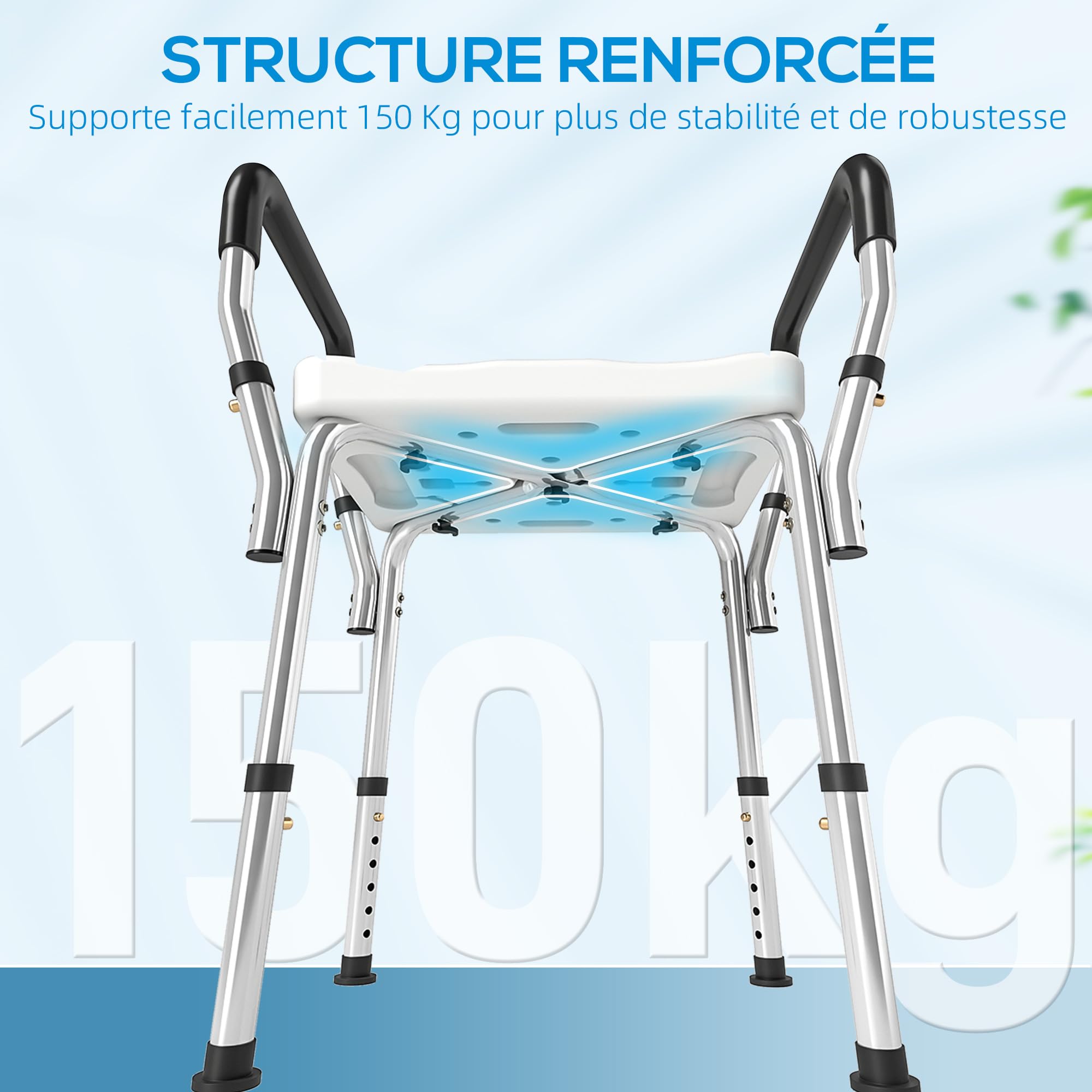 HOMCOM Taburete de ducha Silla de ducha para personas mayores y discapacitadas con reposabrazos, altura ajustable, patines antideslizantes, silla de baño de aluminio antioxidante, color blanco