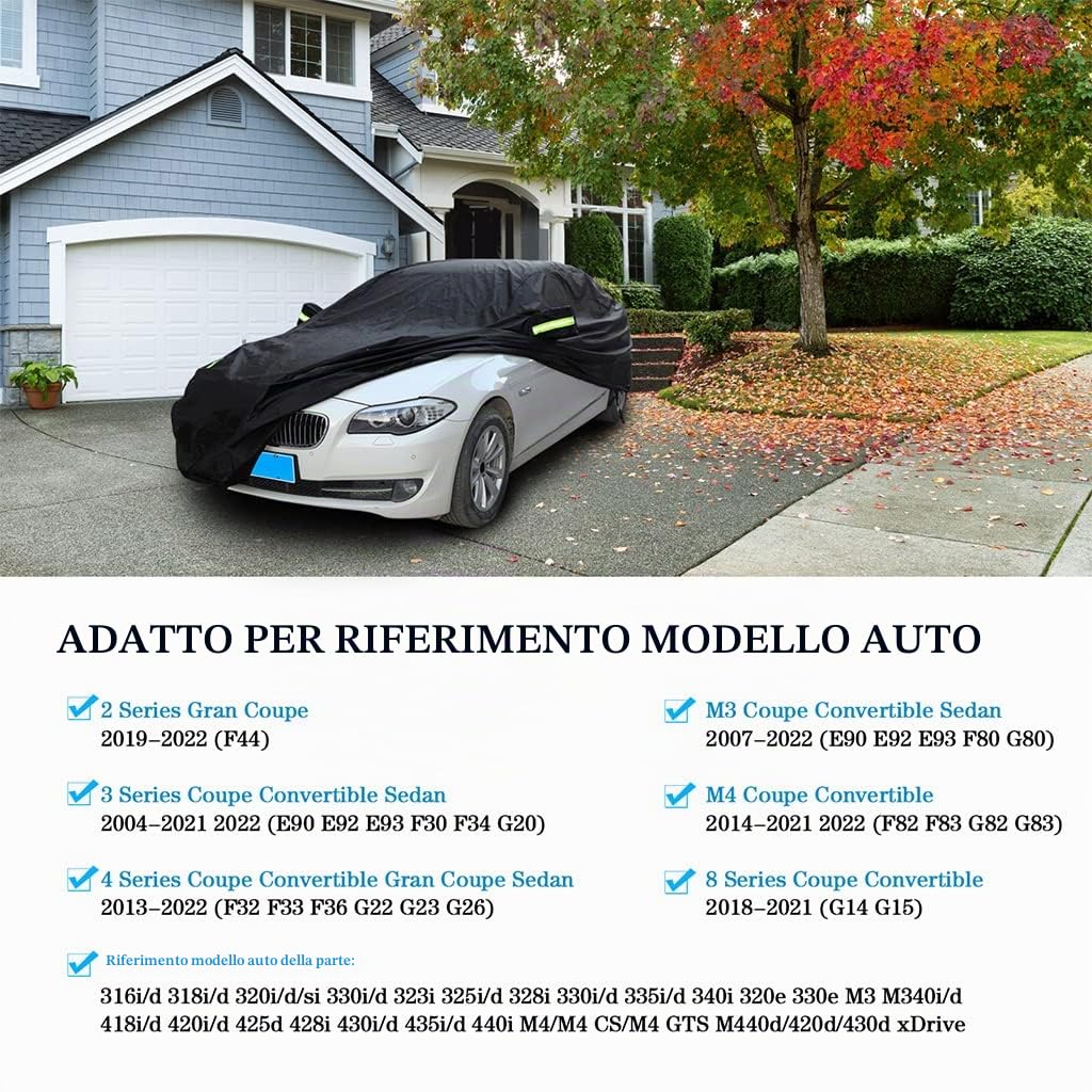 Telo Copriauto Compatibile con BMW Serie 3 M3 2004-2025 Berlina & Serie 4 M4 2013-2025 Gran Coupé Cabrio Coupé, Copertura Auto Impermeabile Traspirante con Strisce Fluorescenti