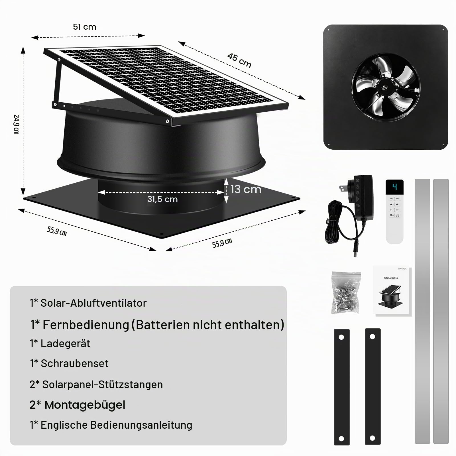 Solarbetriebener Dachventilator - 42W 59465 L/min Intelligenter Solar-Dachlüftungsventilator 1300RPM Hochgeschwindigkeits Solar Abluftventilator mit Fernbedienung für Gewächshäuser, Schuppen, Garage