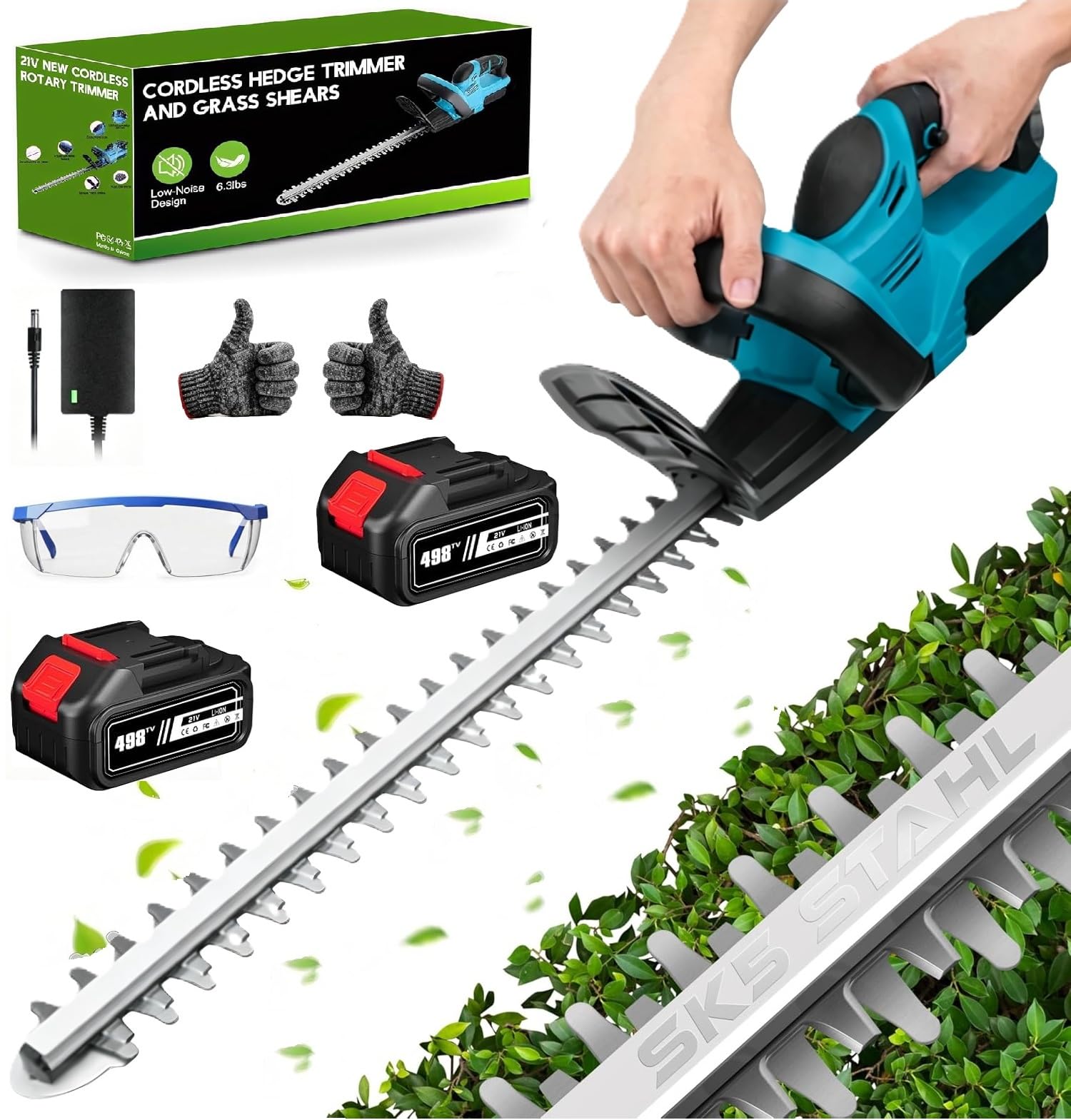 Taille Haie sans Fil 21V 1000W avec Batteries 6,0 Ah, Lame Double Action 52 cm, Écartement 15 mm