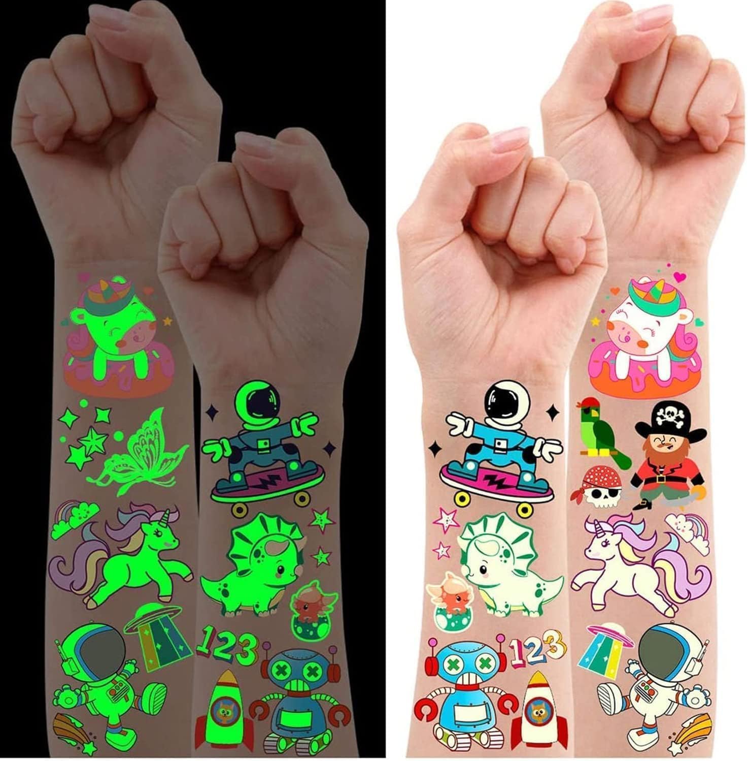 Leesgel Party Bag Fillers for Kids, 380 Styles(30 Sheets) Luminous Temporary Tattoos Stickers for Children Birthday Party Favours, Girls Boys Toys Games Stuff Supplies Decorations