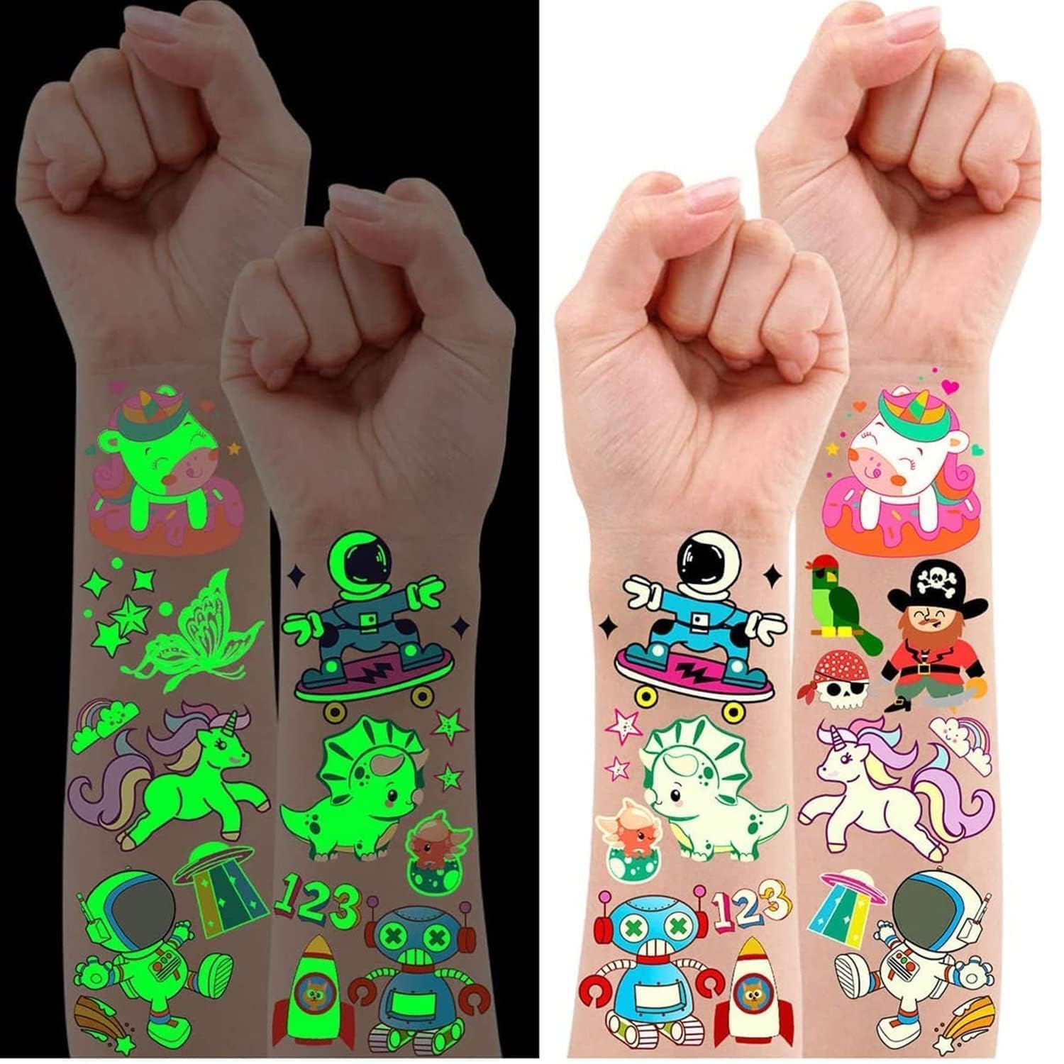 Leesgel Party Bag Fillers for Kids, 380 Styles(30 Sheets) Luminous Temporary Tattoos Stickers for Children Birthday Party Favours, Girls Boys Toys Games Stuff Supplies Halloween Decorations