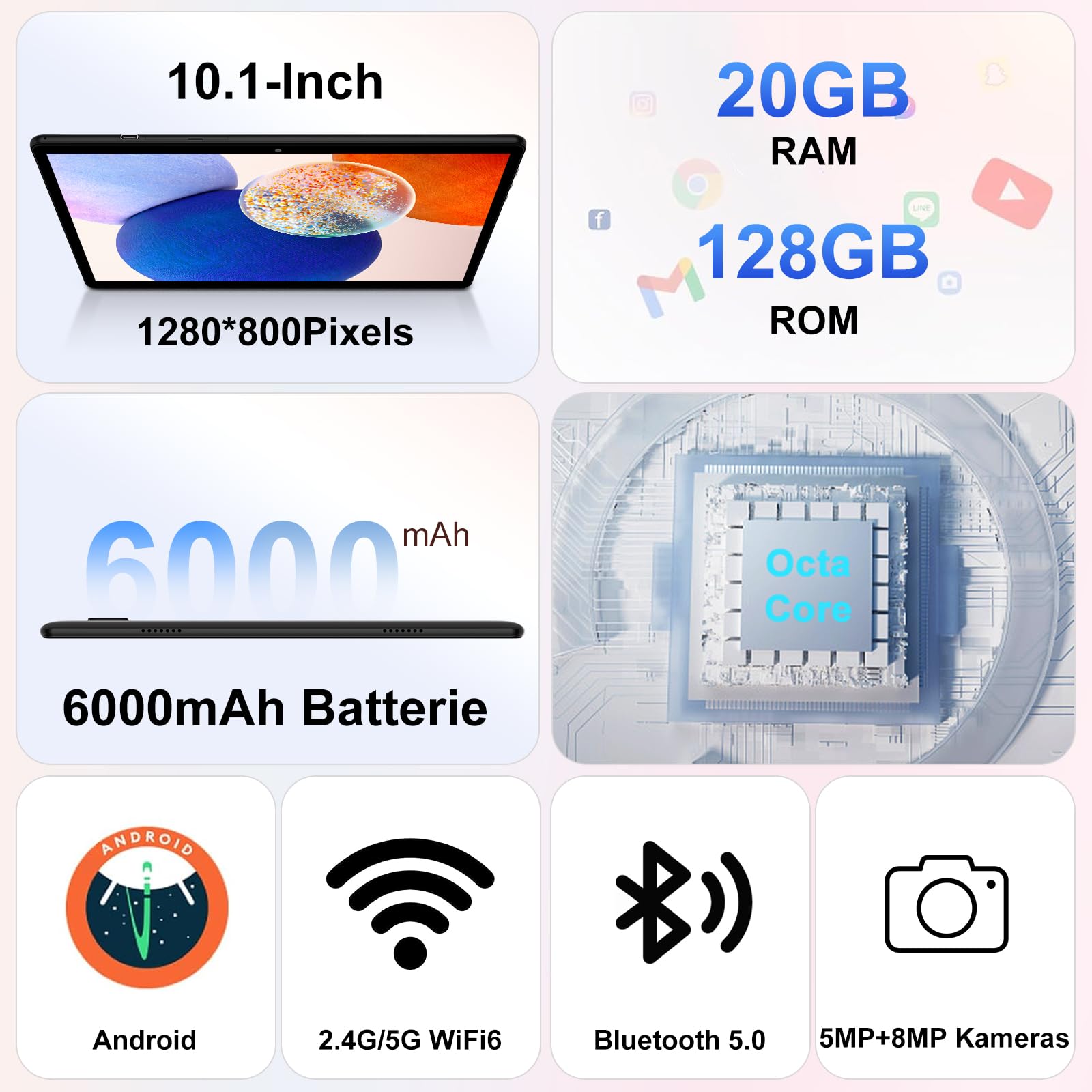 2026 Neueste Kinder Tablet 10 Zoll Android mit 5G WiFi 6, 20 GB RAM+128GB ROM(TF 2TB),Kindersicherung, 6000mAh, BT 5.0,Octa-Core, Widevine L1, 1280*800,GMS Certified Kids Tablet mit Eva Case-Blue