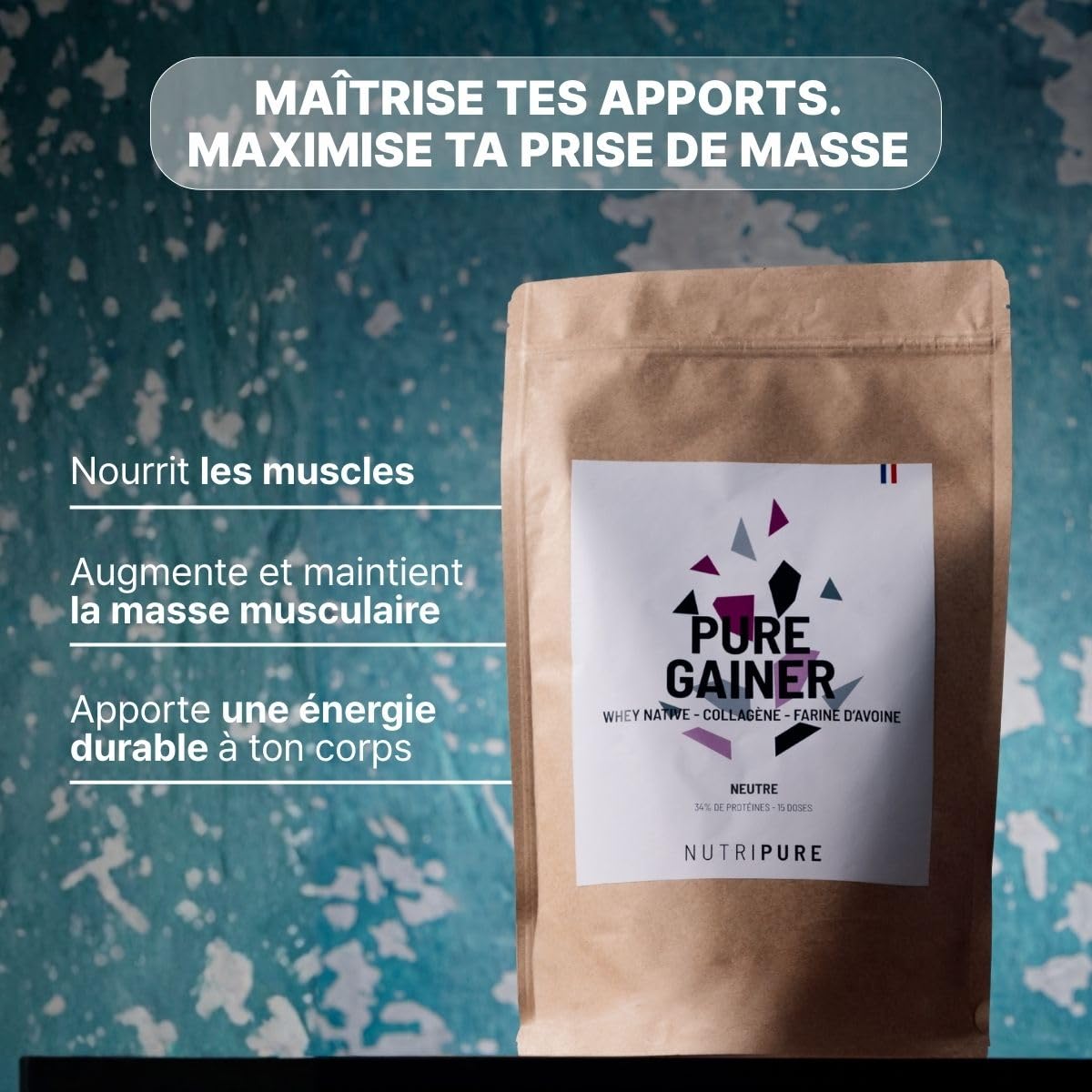 Nutripure | Pure Gainer Prise de Masse Sèche | Whey Native, Collagène & Farine d'Avoine | 28g Protéines, 35g Glucides | Sans Gluten & Sans OGM | Sachet de 1,2 kg | Neutre | Made in France
