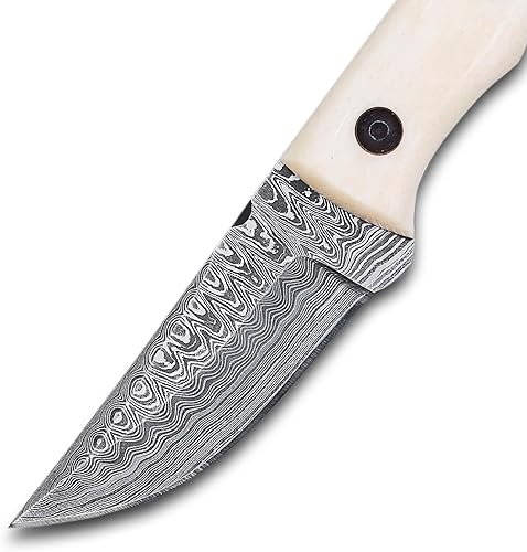 Miniatura 7 de Cuchillo de caza de acero de Damasco forjado a mano de 7 pulgadas, mango de hueso de camello majestuoso, hoja fija inflexible de 3 pulgadas,
