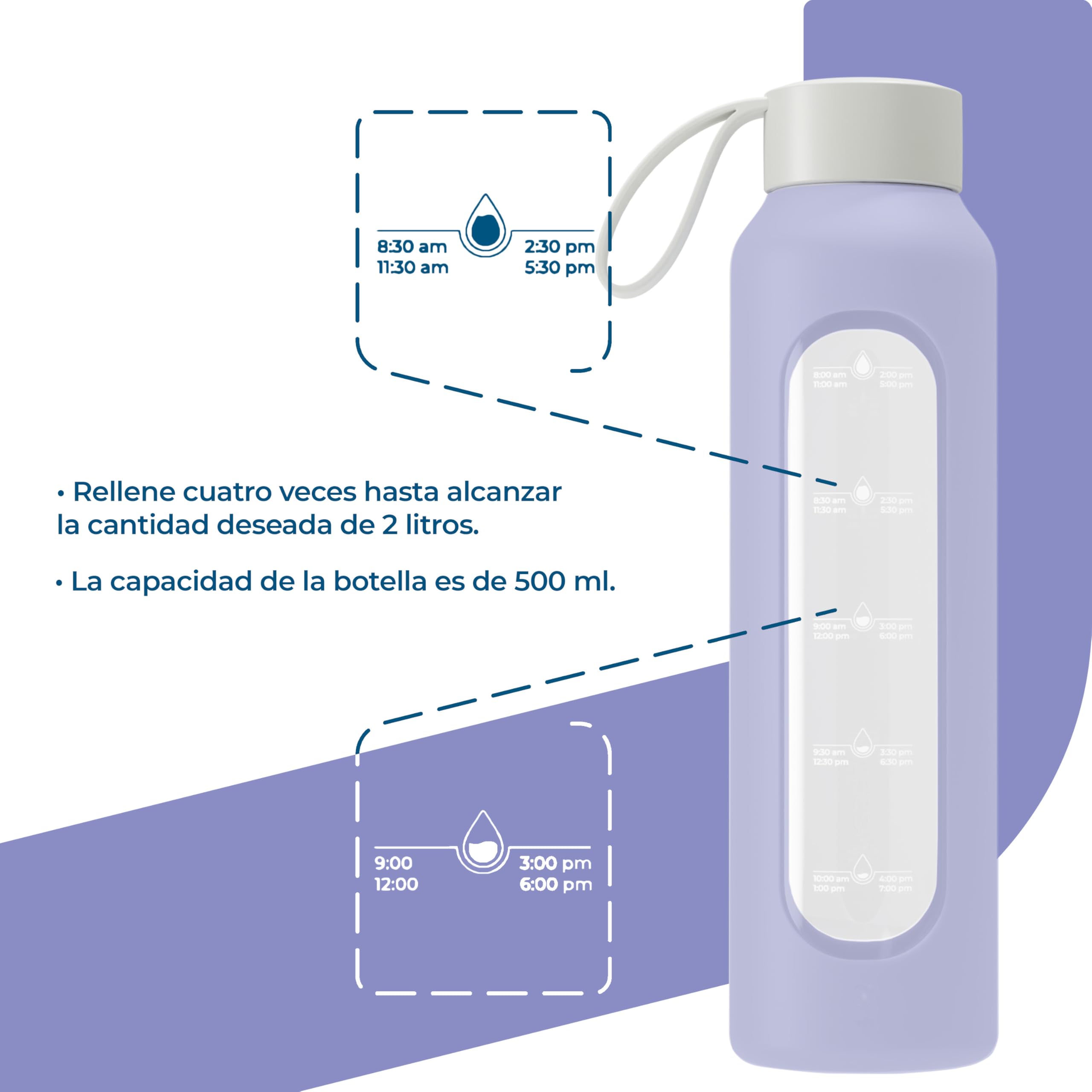 Wessper Botella de Agua Cristal, Botella 500 ml Motivadora con Escala de Hidratación, Botellas de Vidrio Borosilicato con Funda de Silicona, Material Seguro sin BPA - Violeta - 4