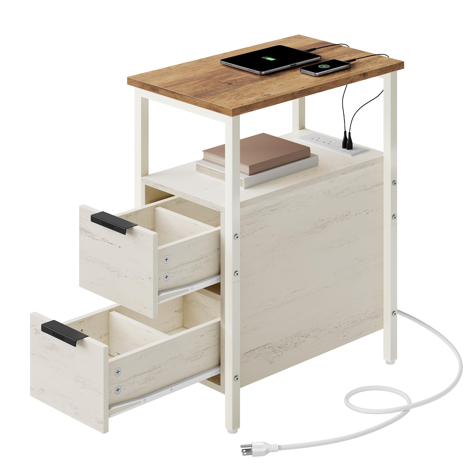 VASAGLE Side End Table with Charging Station, Slim Nightstand