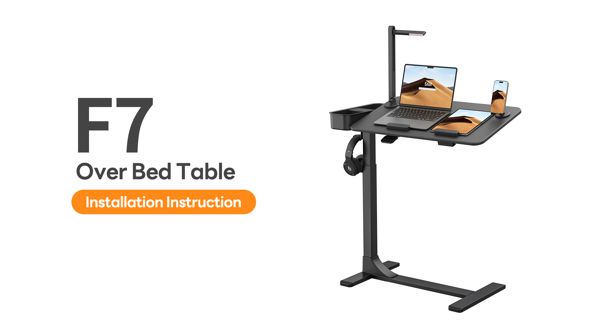 Attaching the height adjustable legs to the tabletop of the SAIJI F7 overbed table.