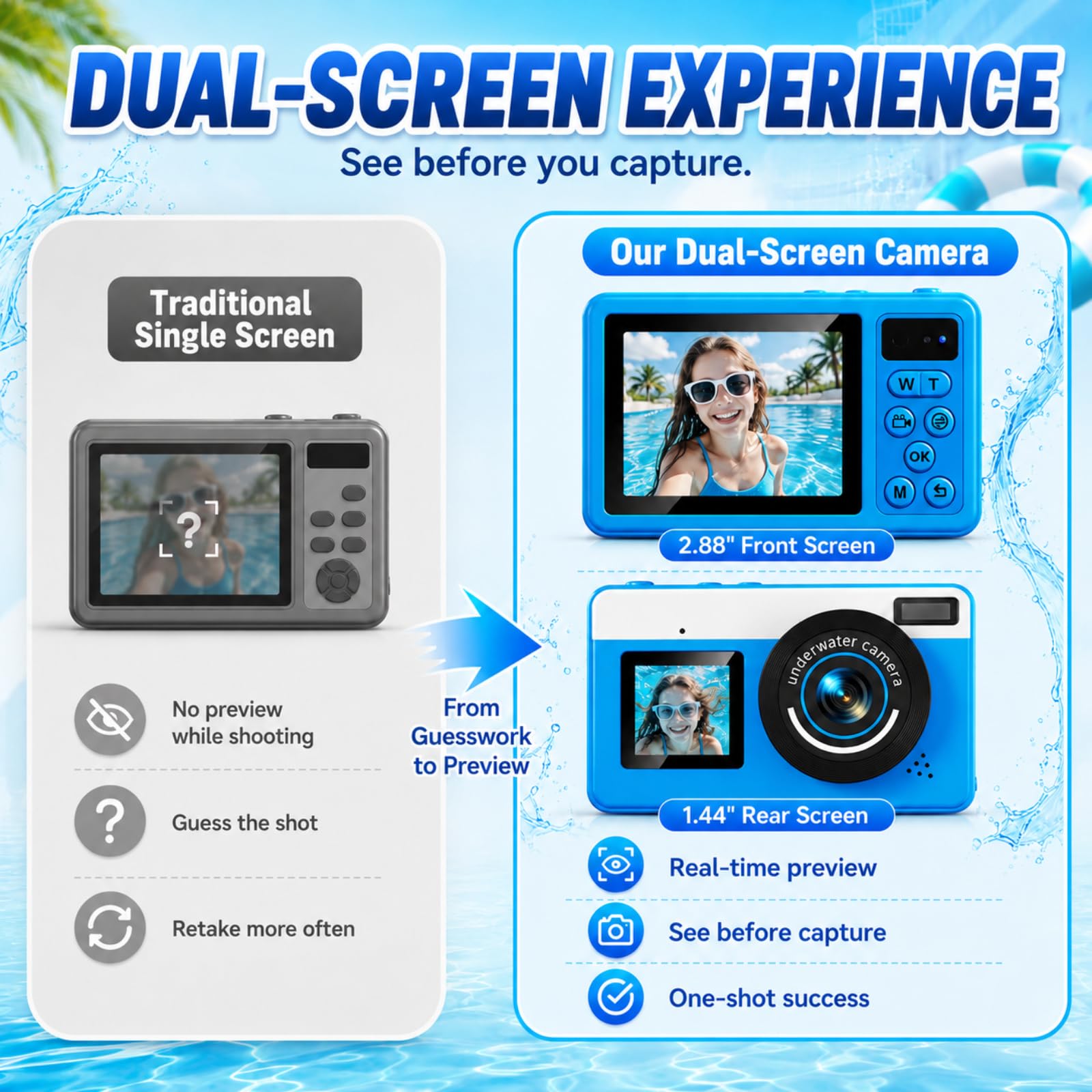 Maxmango D70 Unterwasserkamera 4K 48MP Dual-Screen Digitalkamera mit Autofokus 18X Zoom wasserdicht 10FT