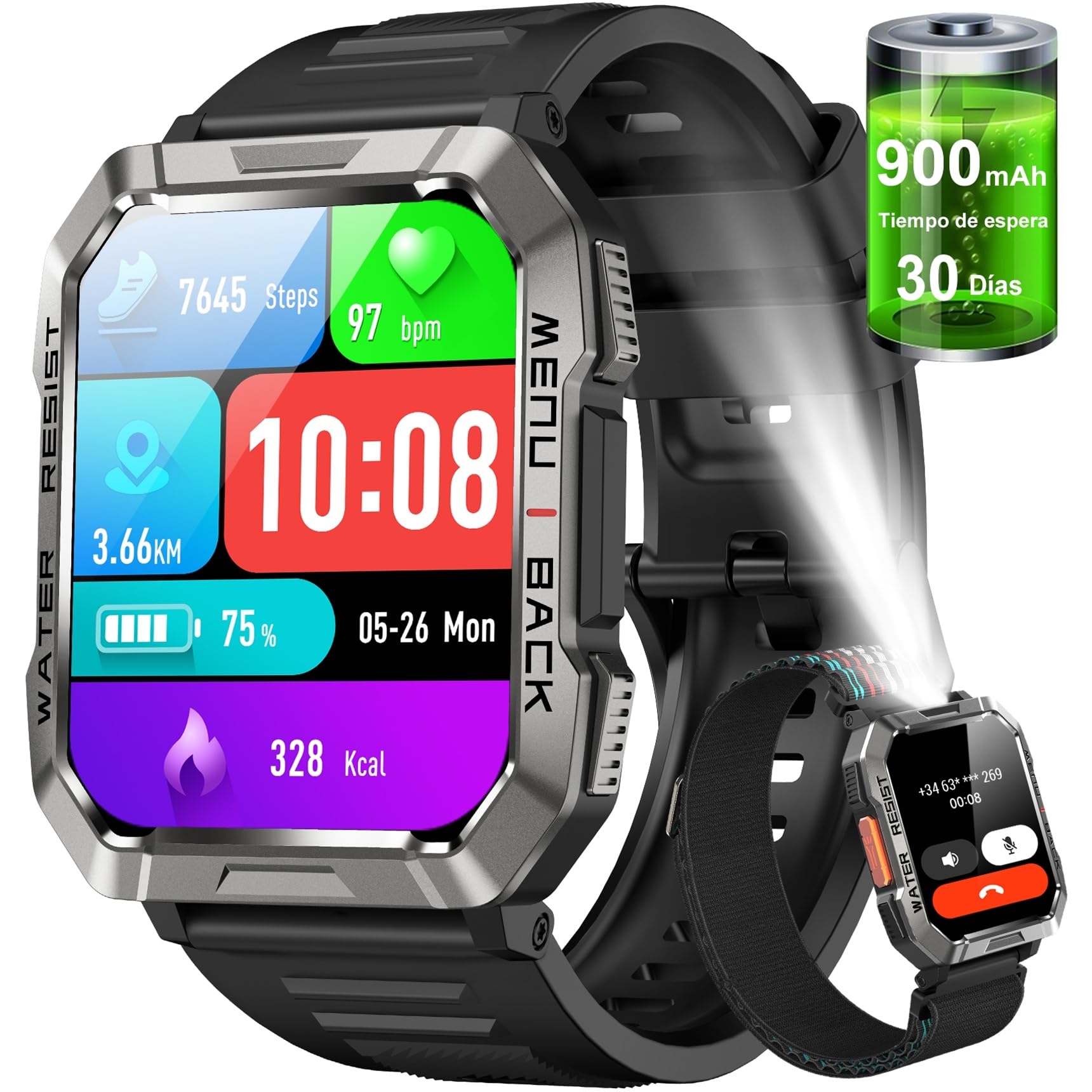 Reloj Inteligente Hombre con Linterna,Brújula,2 Correas,900 mAh Impermeable Smartwatch Hombre Militar de 2.01″ con Llamadas,IP68 Smartwatch con 100+Modos Deportivos con Pulsómetro/Monitor(Android iOS)
