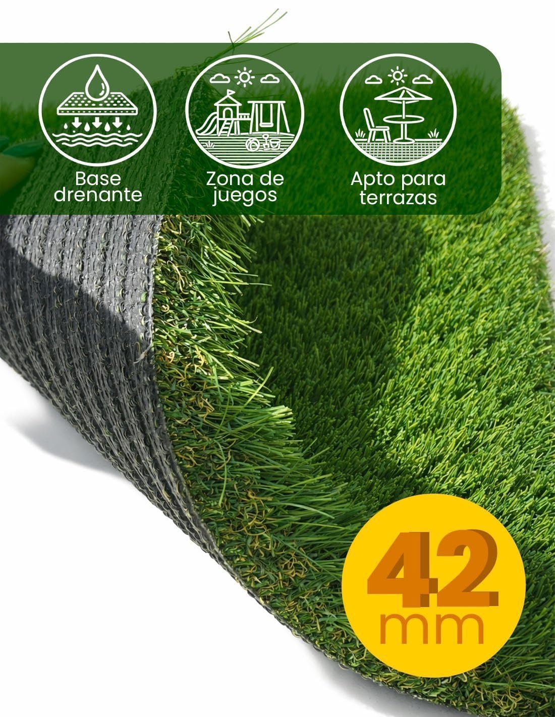 Jardin202 - Césped Artificial Sevilla 42mm - Rollos | Modelo Acolchado, Confortable y Resistente | Rollos 5x2 Metros -