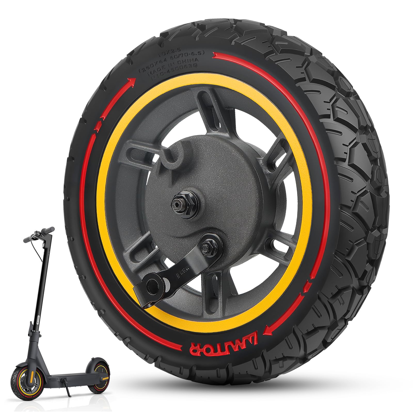 10x2.5 Pouces Ninebot MAX G30 Roue Avant Complète avec Pneu Plein 60/70-6.5 Trottinette Offroad, Robuste & Fiable, Anti-crevaison & Antidérapant, Zéro-Entretien, Montage Facile, 1PCS