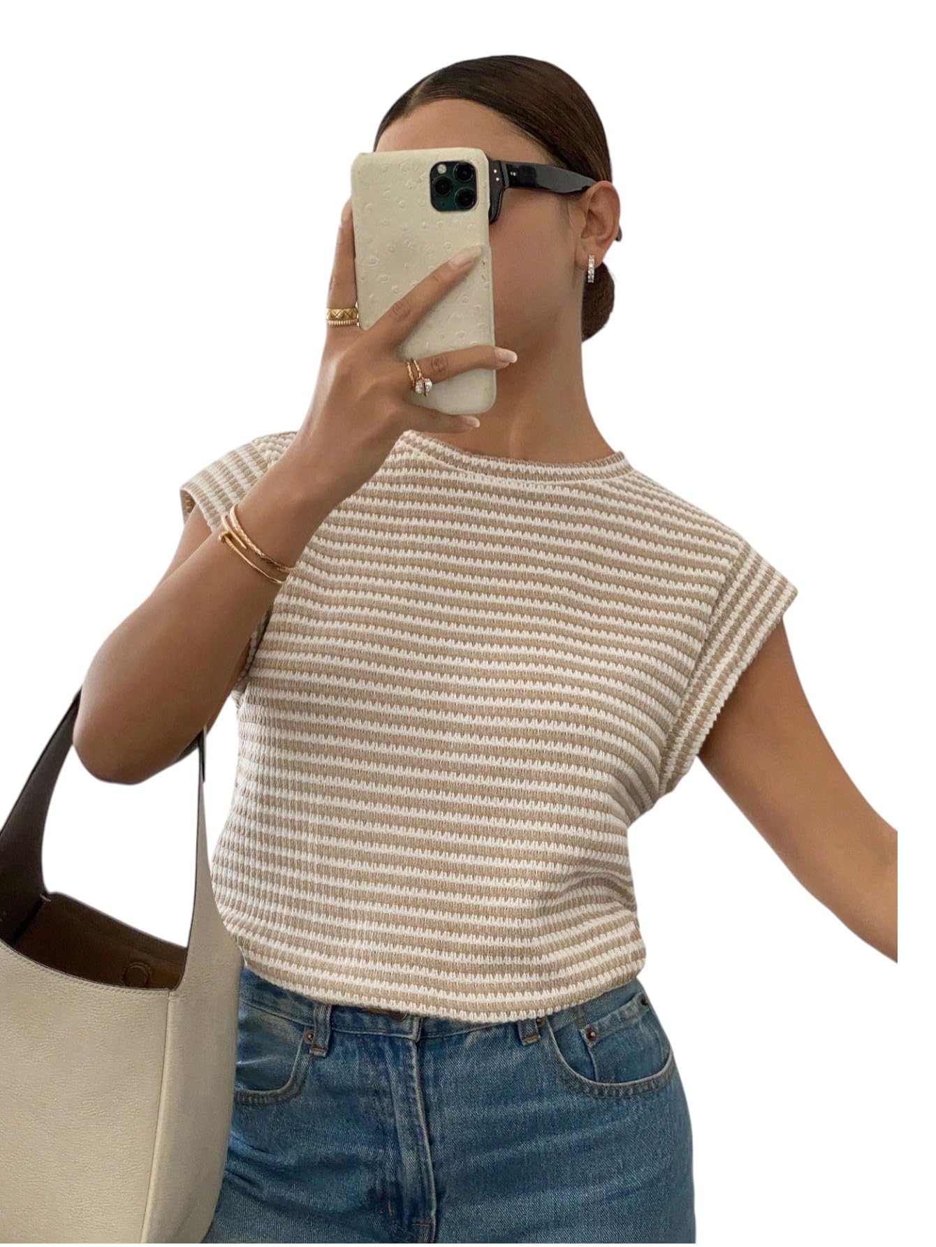 jawdrobe Women's Polyester Striped Round Neck – Cap Sleeve Summer Casual Top Tee | Summer Tops for Women | Tank Top Loose Fit-picture-36