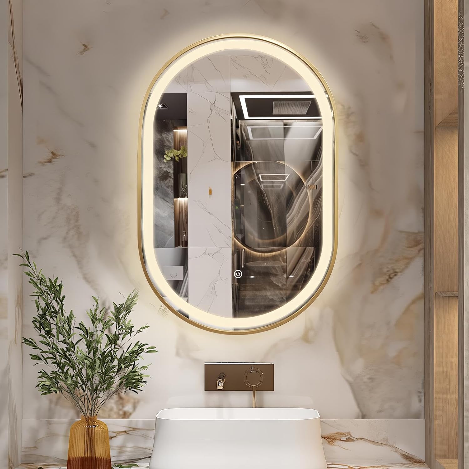 Niccy Oval LED Mirror for Bathroom, 36x24 Front Lit + Backlit Mirror Vanity Mirror with Light Anti-Fog, Shatter-Proof, 3 Colors, Makeup Mirror with Gold Frame (Horizontal/Vertical)
