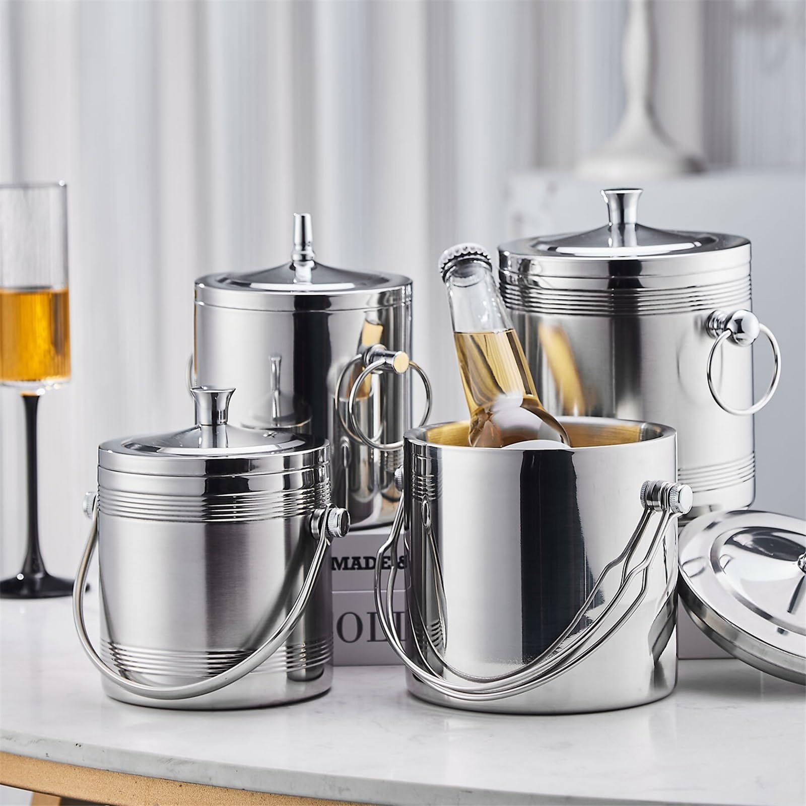 Cubo de Hielo Cubitera metálica de Doble Pared con Tapa for Botellas Vino, champán o Cerveza Enfriador Vino | Grande