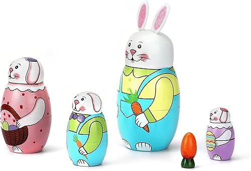 Miniatura 2 de SWANGSA 5 muñecas de anidación rusas lindo conejo de dibujos animados hecho a mano de madera apilable muñecas de anidación Matryoshka para niños