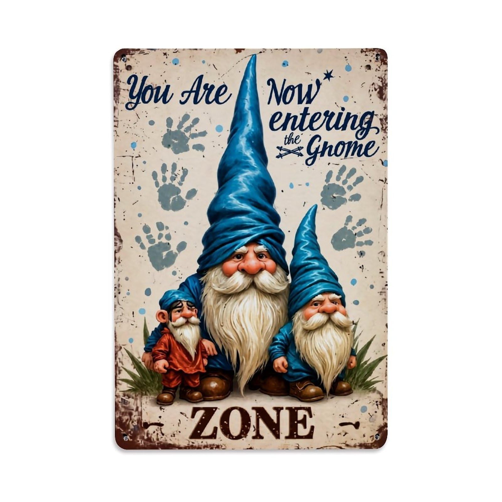 Jdyaojiesheng Vintage Gnome Family Blue Hats Zone Tin Sign Retro Metal Wall Decor Metal Poster, Home Bar Garage Farmhouse Cafe Wall Art Decoration 8X12inches