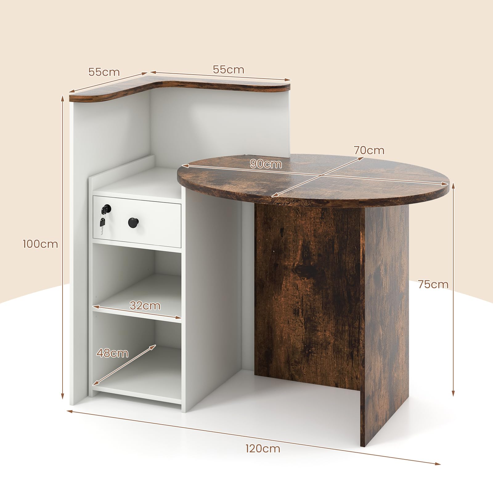 GIANTEX Comptoir de réception avec tiroir verrouillable et étagère réglable à 3 niveaux, comptoir de réception en forme de L pour entreprise, hall et magasin, 120 x 70 x 100 cm, marron et blanc
