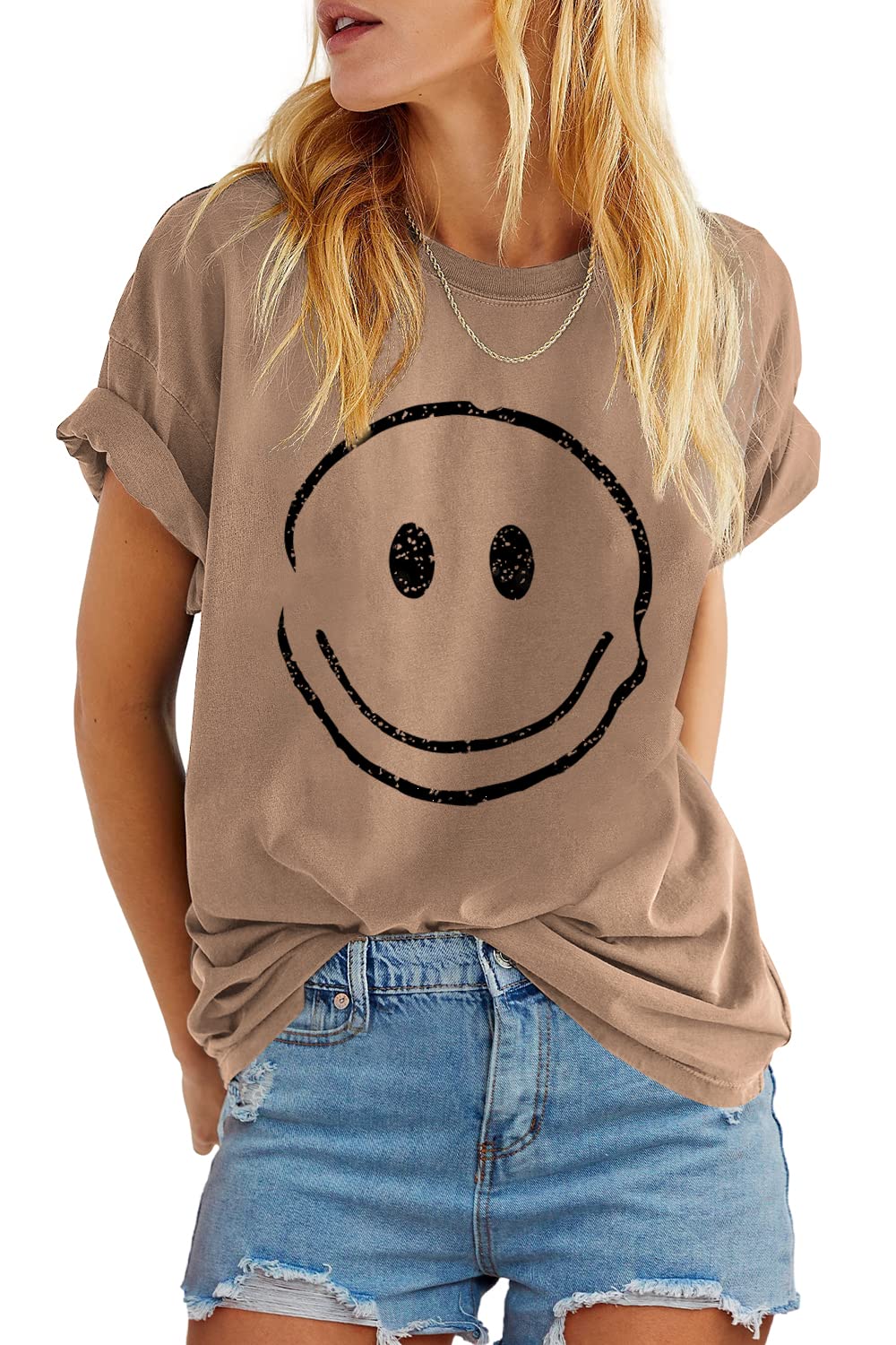 ReachMe Womens Summer Cute Smile Face T-Shirts Trendy Vintage Graphic Tops Casual Loose Short Sleeve Tee Shirts