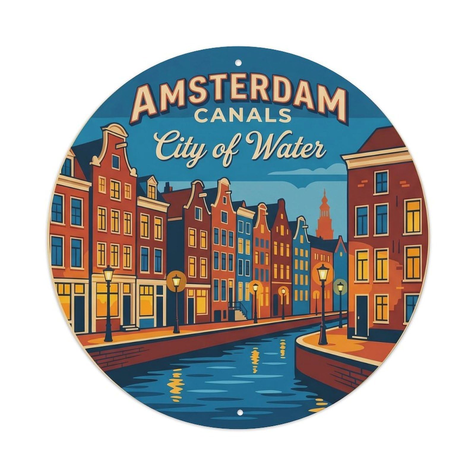 Vintage Travel Canal Houses Netherlands Metal Tin Sign Plaque Wall Decor for Cafe, Club, Garden Round Metal Poster 8x8Inch