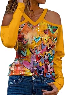 MUDUH Women's Valentine's Day Tops Shirt Halter Neck Strapless V-Neck Valentine's Day Print Sexy Long-Sleeved Sexy Shirt Casual Workout Tops Women