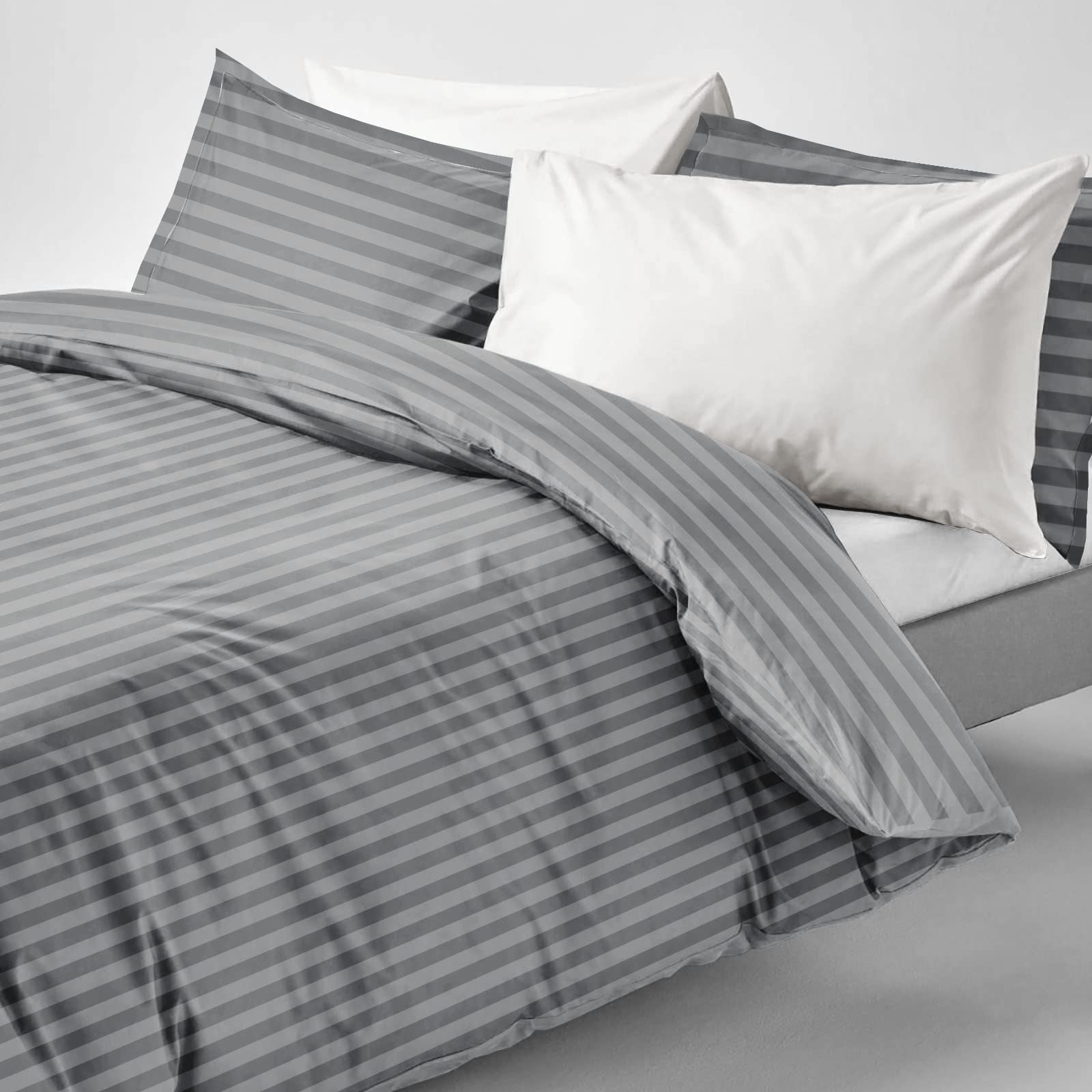 Imperial Rooms Double Duvet Set Reversible Stripes Satin Bedding Set including Pillowcases Breathable Microfiber Duvet Cover (Grey 200x200 Cm) - Image 3