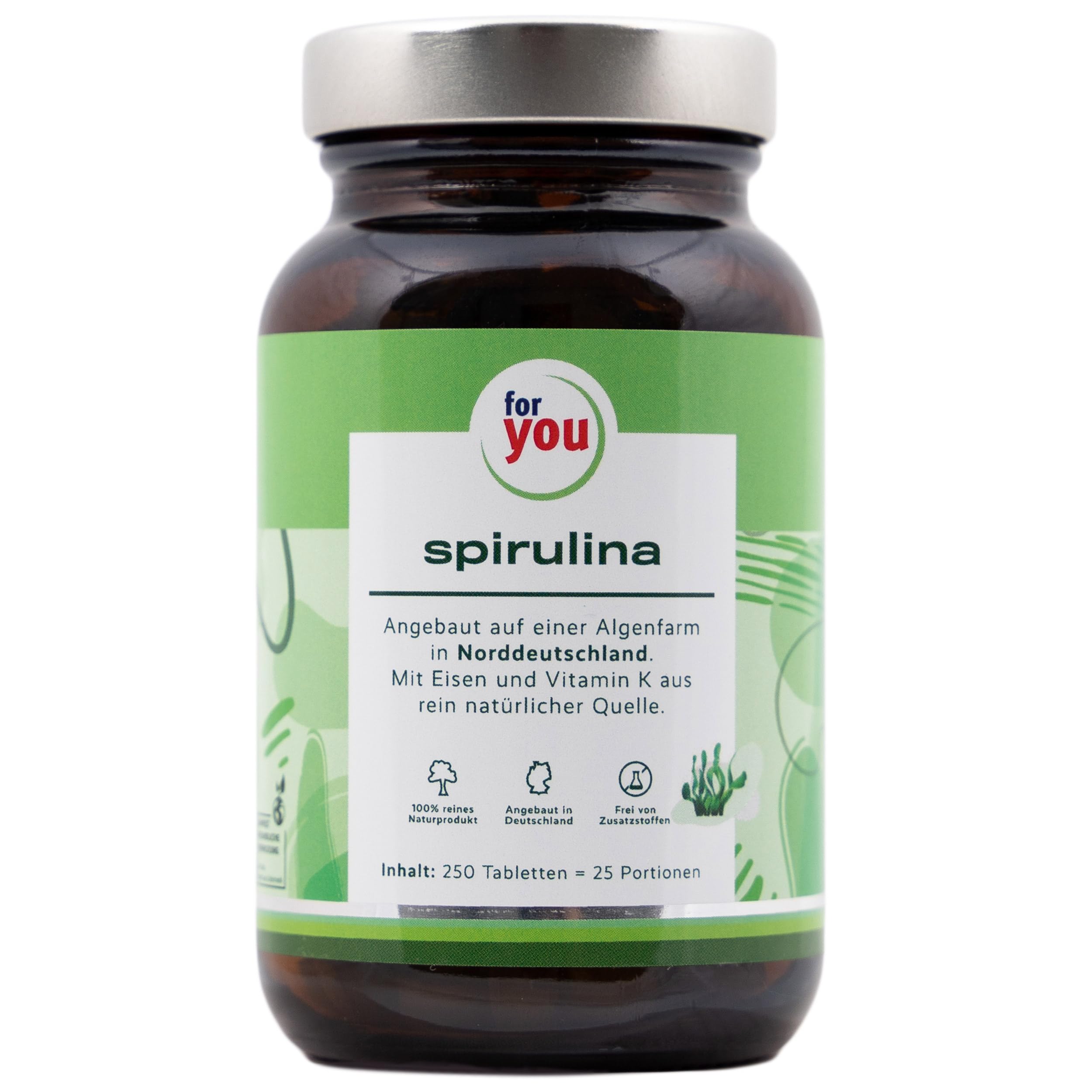 for you spirulina aus premium Algen in Norddeutschland - 250 Tabletten Spirulina Algen Presslinge - 100% reines Naturprodukt - Kontrollierter Anbau auf Algenfarm in DE - Mit Eisen & Vitamin K