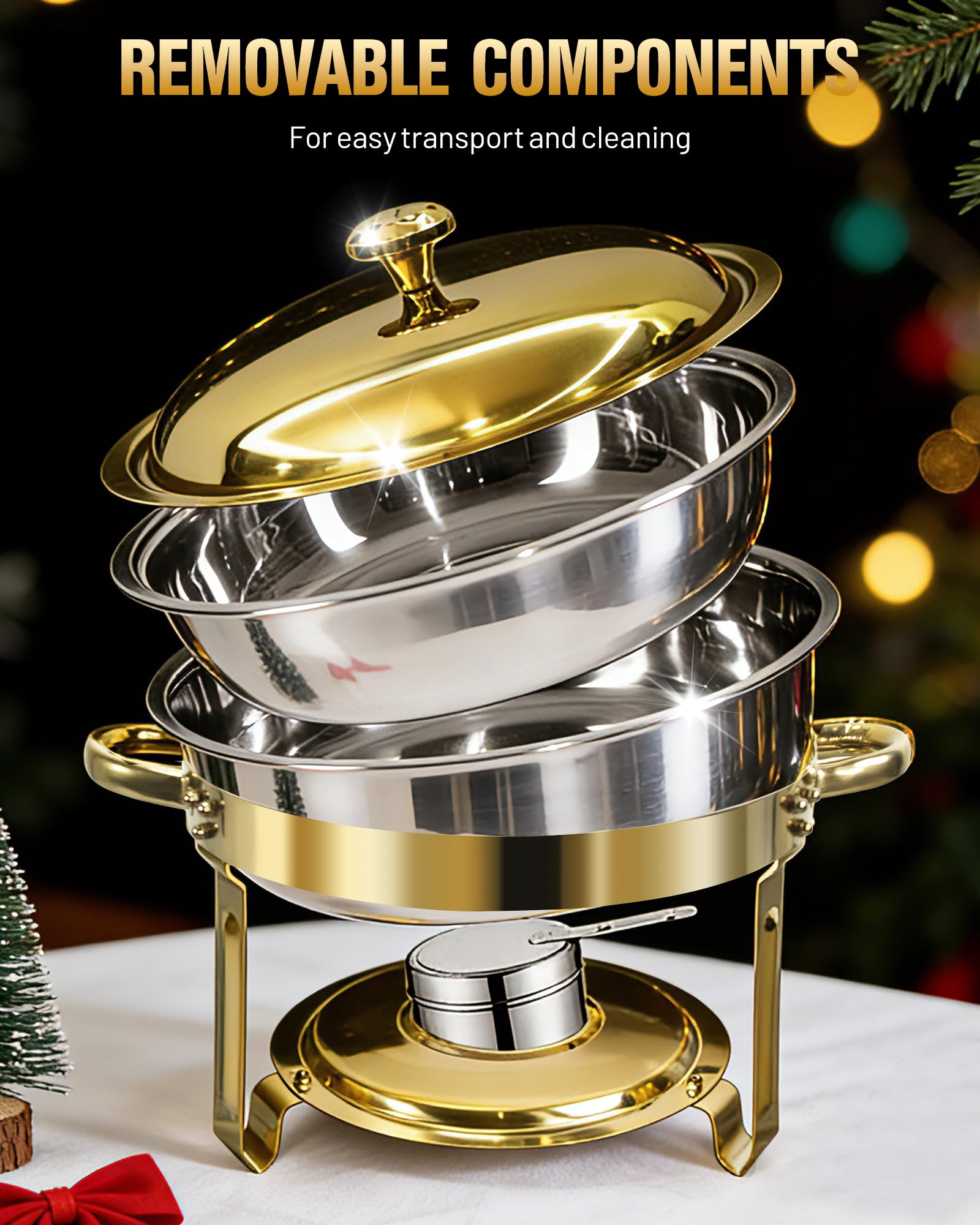 6L Scaldavivande per buffet, Chafing Dish Rotondo in Acciaio Inox, 4 Pezzi | Scaldavivande Buffet per Alimenti Caldi e Freddi con Portacoperchio, per Catering Ristoranti Feste Matrimoni, Oro e Argento