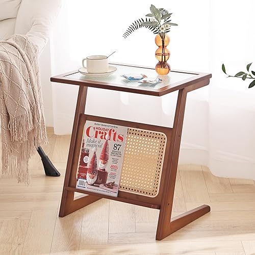 Z-Mesa auxiliar vintage, mesa auxiliar bohemia, mesa auxiliar de ratán, mesa de centro de cristal, mesa de centro para dormitorio con