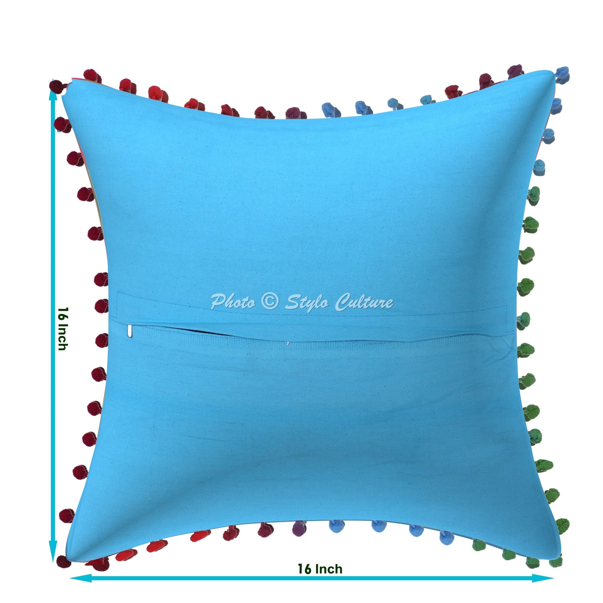 Bohemien Dekorativ Baumwolle Couch Kissenbezüge 40x40 cm Türkis Dekokissen Suzani Bestickte Pom-Pom-Spitze Schlafzimmer Sofa Kissen Bezüge Blumen Quadrat Kissenhullen - 4 STK.