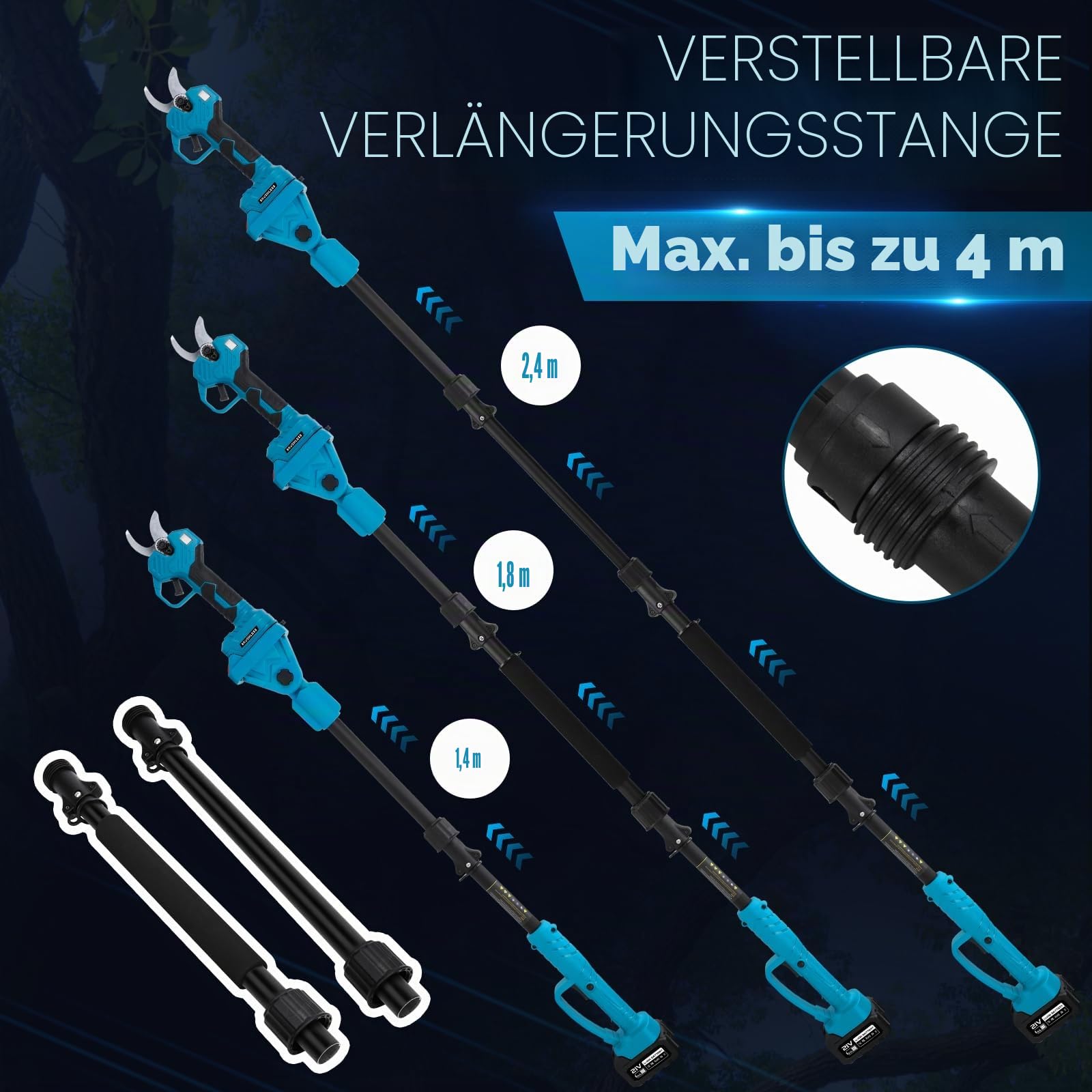 Astschere mit 8ft Verlängerungsstange+2x 2000mah Batterie, Max. Öffnung 57 mm, 40 mm Schnittdurchmesser, LCD Display Elektrische Gartenschere für Äste, Blumen