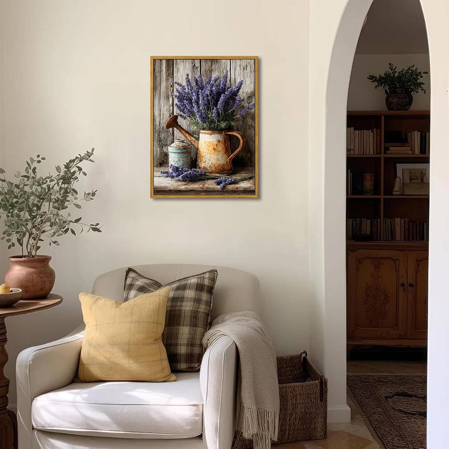 Qenundme Framed Vintage Lavender Flower Canvas Wall Art Antique Water Jug Pictures Prints Farmhouse Paintings Artwork Rustic Cottage Country Floral Wall Decor for Living Room Bathroom Kitchen 16x24in
