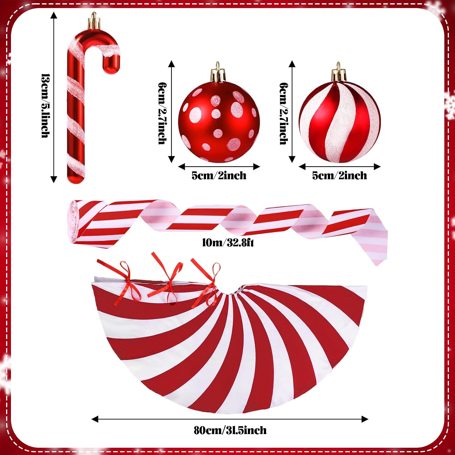 Shappy 38 Pcs Christmas Tree Ornaments Sets, Candy Cane Red White Stripes Xmas Tree Hanging Decorations, Plastic Xmas Ball Variety Shapes with Ribbon New Year Holiday Party Supplies(Cute,31.5'')