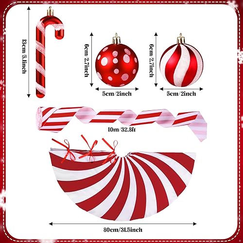 Miniatura 2 de Shappy Juego de adornos de árbol de Navidad rojo y blanco, falda de árbol de Navidad roja y blanca, puntos, rayas, bola, tela a rayas, bastones de