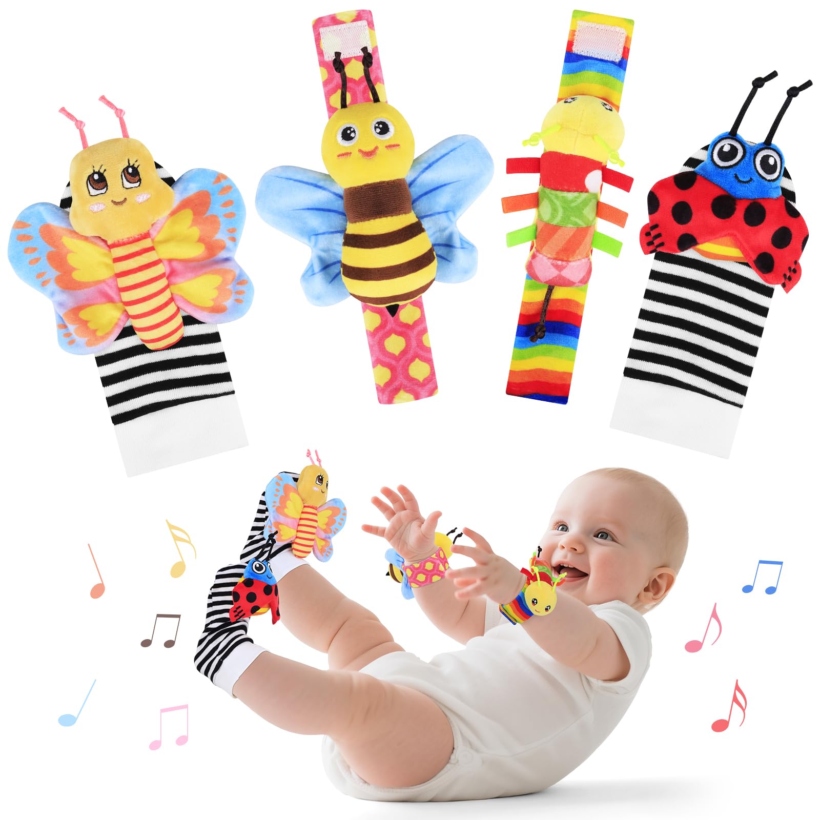 Baby Sensory Toys 0-6 Months, Socks and Foot Finder Set with Sounds for Babies 6-12 Months, Wrist Rattles for Babies 0-12 Months, Newborn Essentials Toy, Toddler Baby Boy Girl Shower Gifts