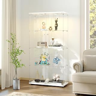 Zevemomo Tempered Glass Curio Cabinet with LED Lights, 4-Tier Lockable Display Case for Collectibles, White - Living Room Bedroom Office