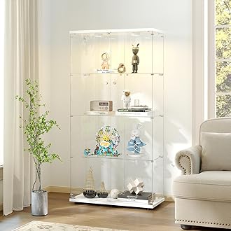 Zevemomo Tempered Glass Display Cabinet with Lights, 4-Tier Curio Cabinet with Glass Doors and Lock, Glass Display Case for Collectibles, for Living Room, Bedroom, Office, Double Door, White