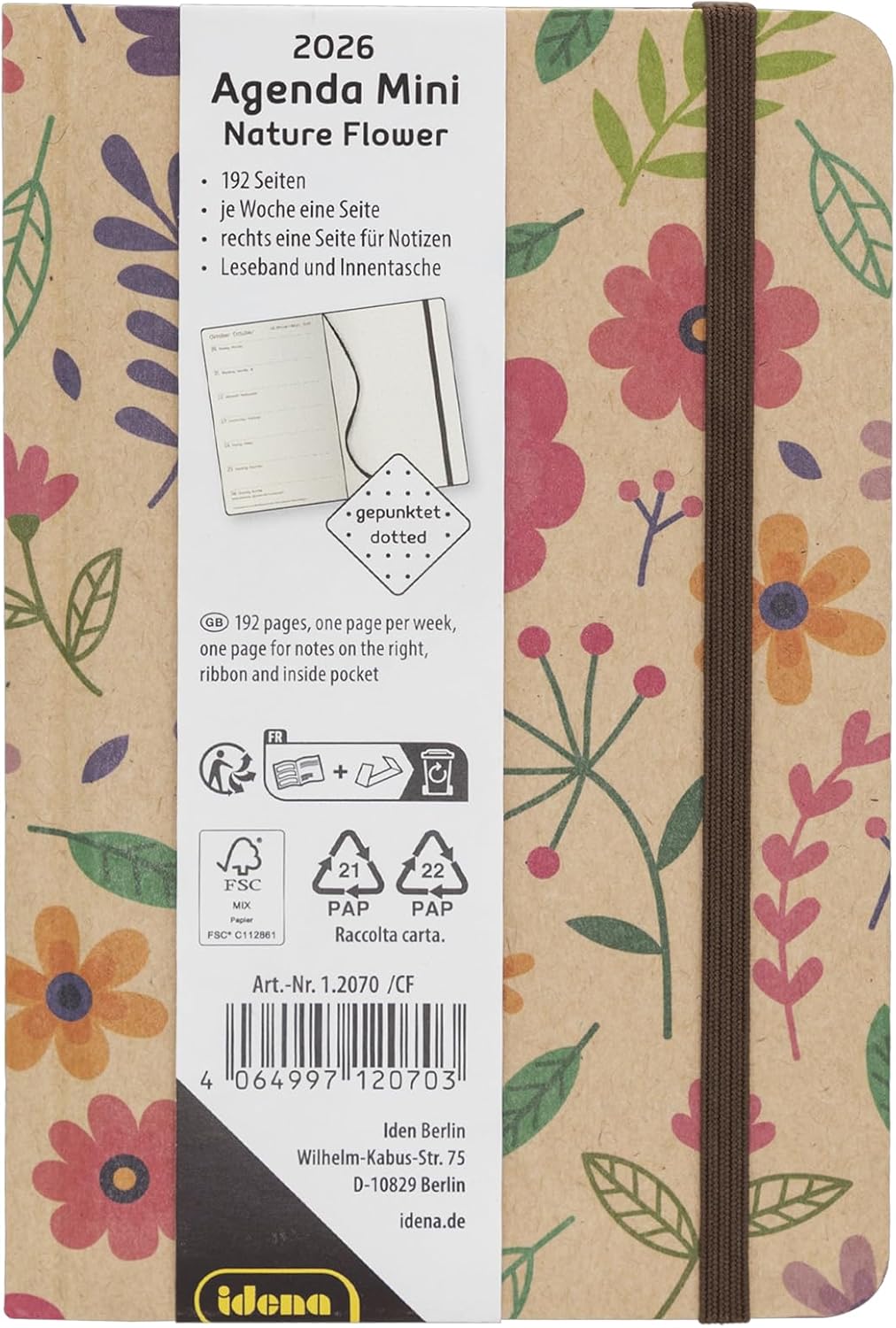 Idena 12070 Pocket Diary 2026 in Format 9 x 14 cm, 1 Week on 1 Page, Diary in Light Brown with Flower Motif, Elastic Band, Inner Pocket and Bookmark