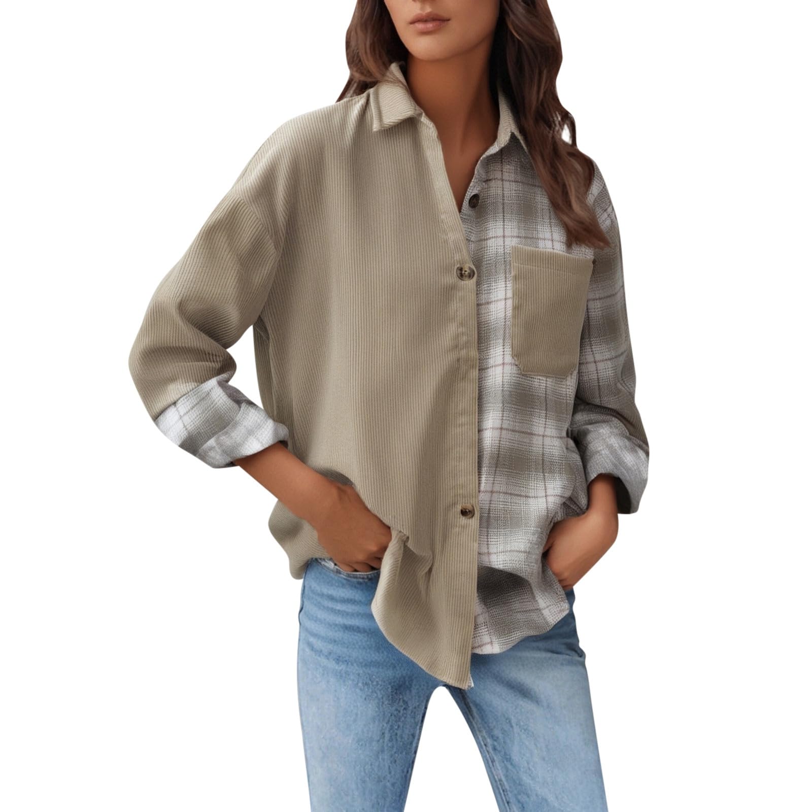 Blusa para mujer, camisa de pana a cuadros de color a cuadros, manga larga, abotonada, blusas de gran tamaño, tops con bolsillos