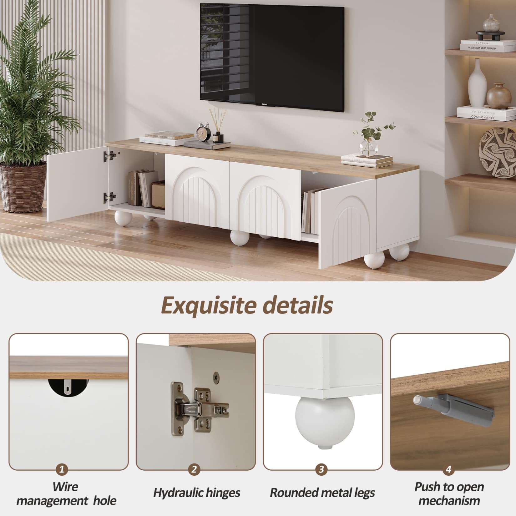 Meuble TV 180x40x45cm,Meuble Tele,Meubles Bas Rangement avec 4 Portes en Relief Tridimensionnel,6 Pieds Métalliques Sphériques,pour Téléviseurs de 80 Pouces