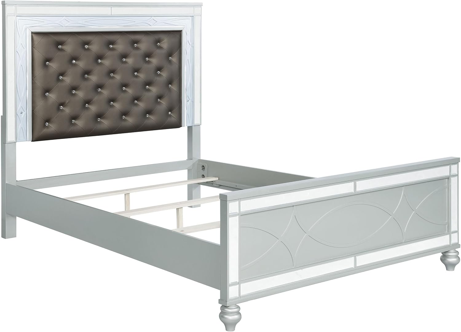 Pemberly Row California King Panel Bed, Faux Leather Upholstery, Silver Metallic Finish, Tufted Crystal Button Headboard with LED Lighting, Asian Hardwood Frame, Glam Contemporary Style for Bedroom