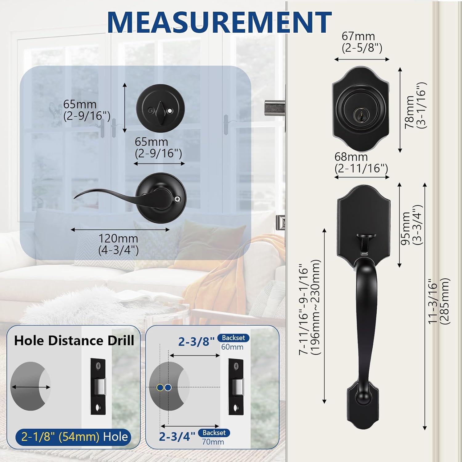Front Door Lock and Handle Set, Front Door Pull Handle with Key, Deadbolt Lock and Handleset for Bedroom Bathroom Interior Door, Fits 35-45mm (1-3/8" to 1-3/4") Doors (Black)