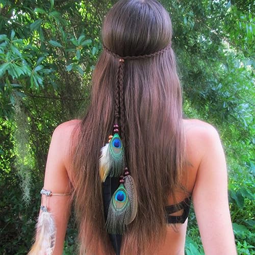 Miniatura 2 de Diadema de plumas hippie indio bohemio con borla bohemia para Halloween diadema para el pelo para mujer adorable corona para decoración de fiesta