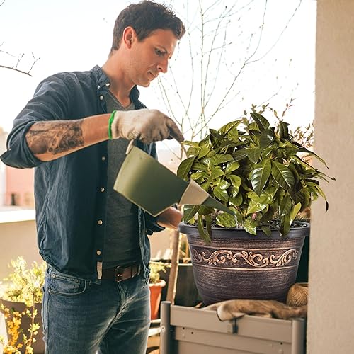 Miniatura 6 de Macetas de plástico para plantas y flores, 14 pulgadas con agujero de drenaje y platillo, 3 paquetes de macetas de resina pequeñas ligeras para