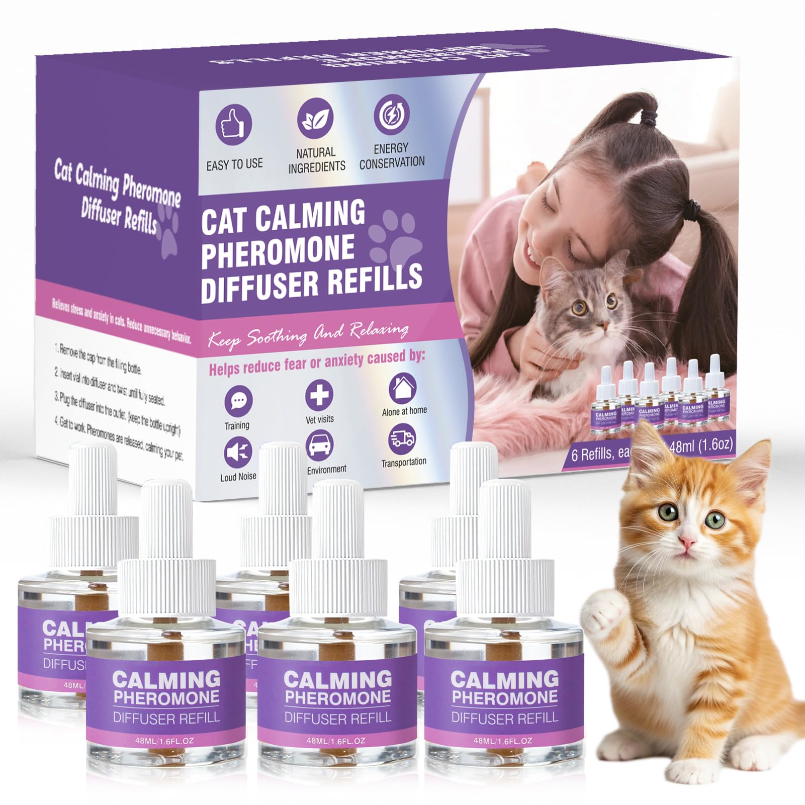 Cat Calming Diffuser Refill Pheromone Diffuser Refills for Cats 6 Packs Calm Cat and Anxiety Relief for Travel, Meowing, Aggression, Spraying, 180 Days of Use