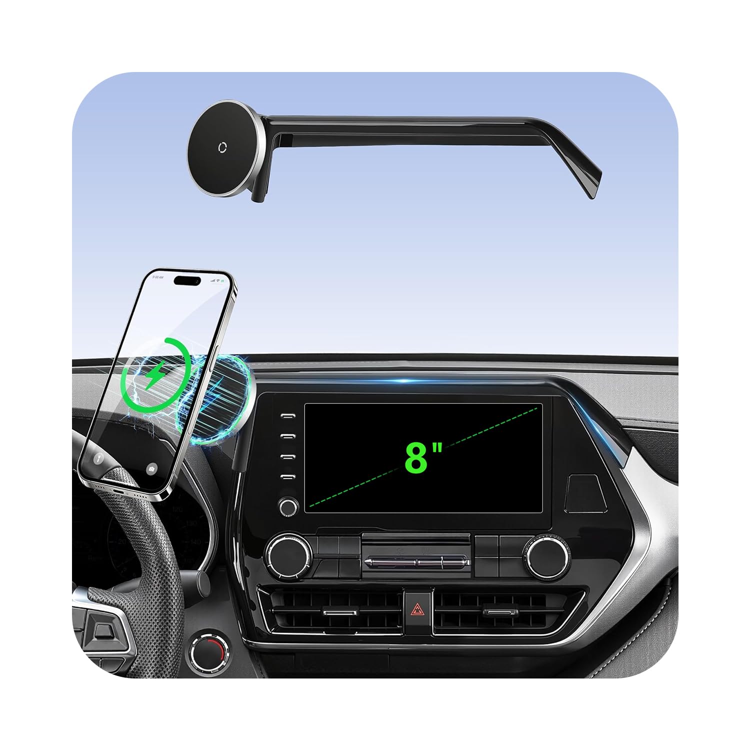 Phone Mount for Toyota Highlander 2020-2025 (8" Screen ONLY, L/LE/XLE), MagSafe Car Mount Charger, Magnetic Phone Holder, 15W Wireless Charging, 360° &amp; Hands-Free, 2023 2024 Highlander Accessories