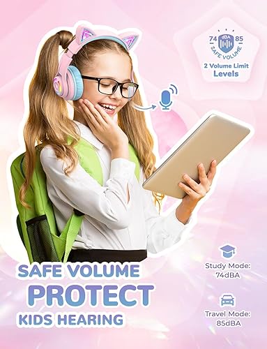 Miniatura 3 de iClever Cat Ear Kids Bluetooth Headphones, LED Lights Up, 74/85dBA Safe Volume Limited, 50H Playtime,Bluetooth 5.2, USB C, Kids Headphones Wireless