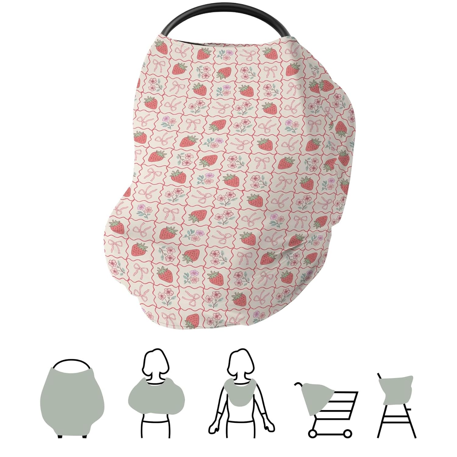 Boho Strawberry Flowers Car Seat Cover for Baby Strawberries Pink Bows Checkerboard Stretchy 5-in-1 Cover Adjustable Car Canopy Cover Summer Fruit Breathable Nursing Cover-Up